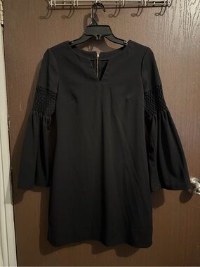 Phoebe Couture Black Mini Dress with Smocked Bell Sleeves Size 4